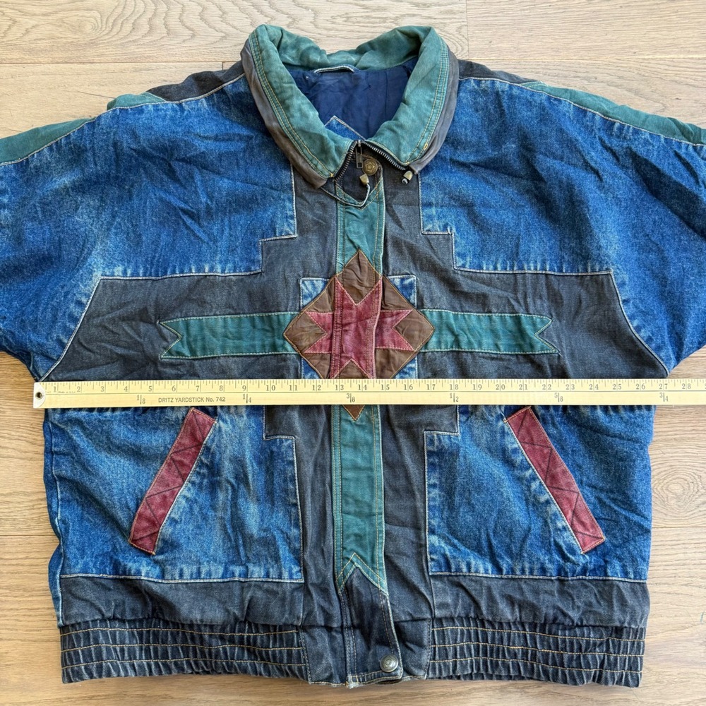 Vintage Concept II Denim‎ Patchwork Bomber Jacket Southwestern Geometric Mens L - Picture 5 of 11